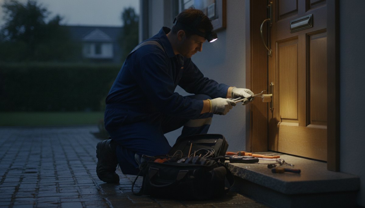 Emergency locksmith working at a Colorado Springs front door in the evening