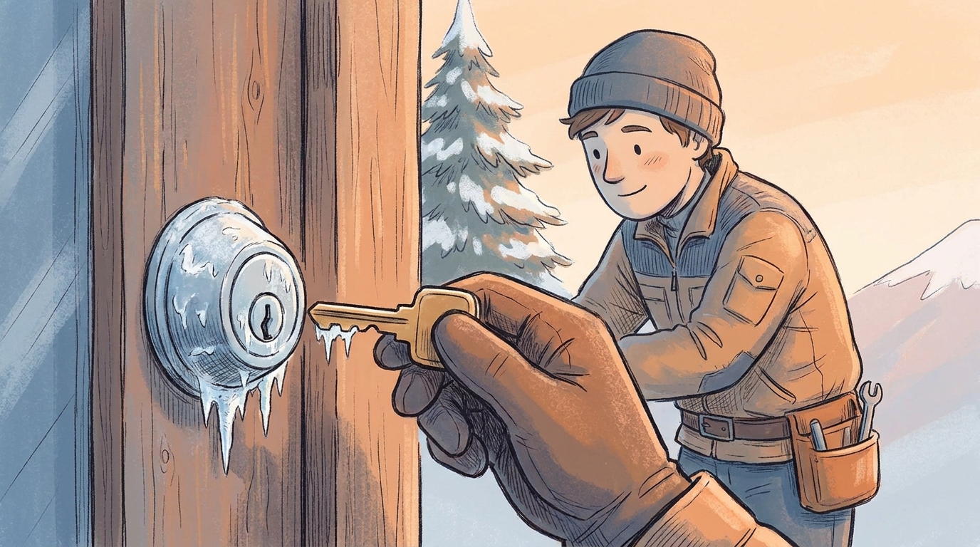 Frozen door lock covered in winter frost in Colorado Springs