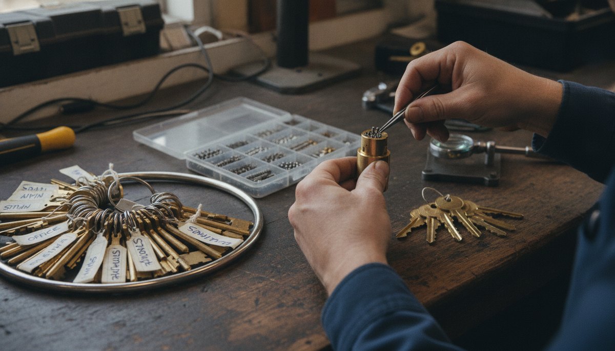 Locksmith pinning a master key system cylinder for a Colorado Springs business