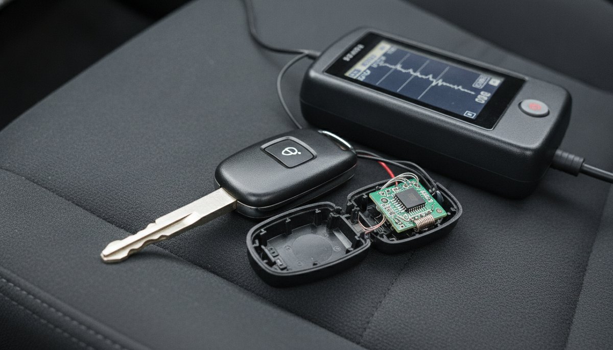 A transponder car key opened to show its chip beside a handheld key-programming device